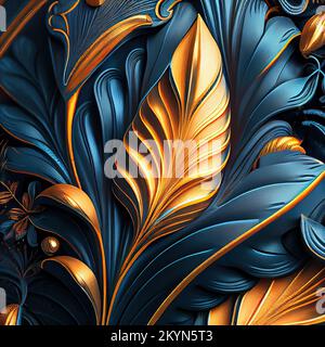 Digitally generated art deco Decors in blue and gold. Leaves. Stock Photo