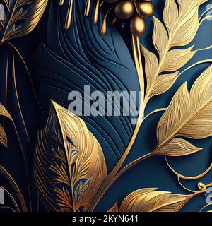 Digitally generated art deco Decors in blue and gold. Leaves. Stock Photo