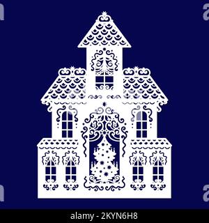 Beautiful winter house with a Christmas tree. Template for laser cutting Stock Vector
