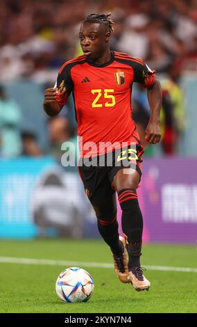 Al Rayyan, Qatar, 1st December 2022. Jeremy Doku of Belgium  during the FIFA World Cup 2022 match at Ahmad bin Ali Stadium, Al Rayyan. Picture credit should read: David Klein / Sportimage Stock Photo