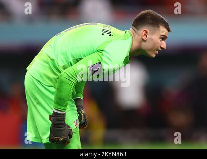 Al Rayyan, Qatar, 1st December 2022.  Dominik Livakovic of Croatia during the FIFA World Cup 2022 match at Ahmad bin Ali Stadium, Al Rayyan. Picture credit should read: David Klein / Sportimage Stock Photo