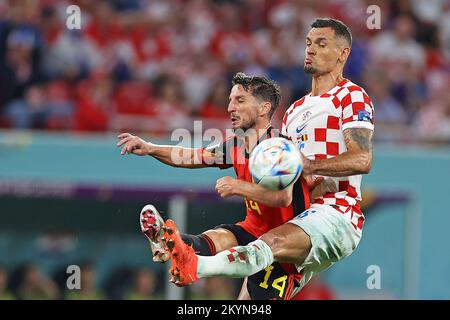 Doha, Qatar. 01st Dec, 2022. Dejan Lovren of Croatia disputes the bid with Dries Mertens of Belgium, during the match between Croatia and Belgium, for the 3rd round of Group F of the FIFA World Cup Qatar 2022, Ahmad Bin Ali Stadium this Thursday 01. 30761 (Heuler Andrey/SPP) Credit: SPP Sport Press Photo. /Alamy Live News Credit: SPP Sport Press Photo. /Alamy Live News Stock Photo