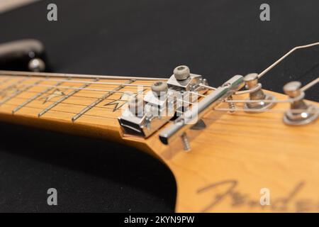 Vaduz, Liechtenstein, January 12, 2022 Fender Stratocaster Richie Sambora signature electric guitar head product shot Stock Photo