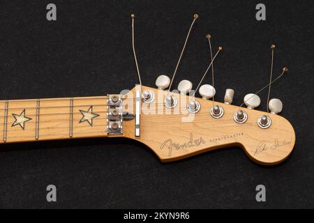 Vaduz, Liechtenstein, January 12, 2022 Fender Stratocaster Richie Sambora signature electric guitar head product shot Stock Photo