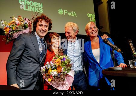 THE HAGUE - Paul Rosenmöller, Mei Li Vos Jesse KLaver and Attje Kuiken during the presentation of the draft candidate lists of GroenLinks and PvdA for the Senate elections. In the elections to the Senate in 2023, both parties will form one parliamentary group. ANP ROBIN UTRECHT netherlands out - belgium out Stock Photo