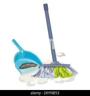 Broom and dustpan isolated on white background.Housework tools for cleaning garbage in home.Panicle with cleaning scoop for dust and waste swep.Vector Stock Vector
