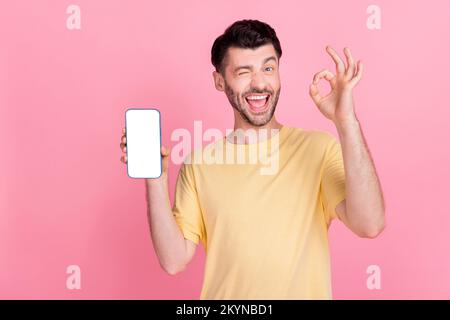 Photo of funny guy winking eye hold modern gadget presenting new interface eshop ebank menu okey sign isolated on pink color background Stock Photo
