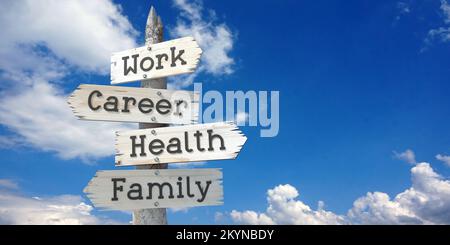 Work, career, health, family - wooden signpost with four arrows Stock Photo