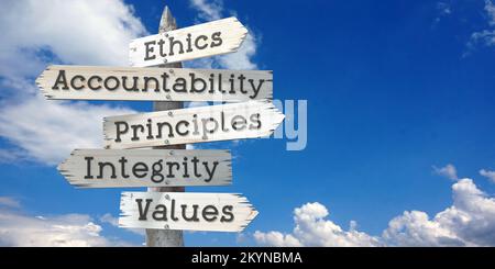 Ethics, accountability, principles, integrity, values - wooden signpost with five arrows Stock Photo