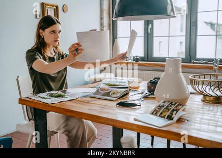 Concentrated female food stylist comparing photographs sitting at table in studio Stock Photo