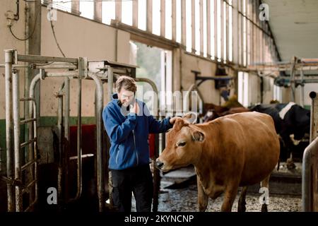 Farmer talking on smart phone standing by cow at dairy farm Stock Photo