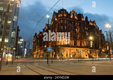Light trails from the Trams and traffic in front of the Midland Hotel in St.Peter's Square in the Manchester City Centre. Stock Photo