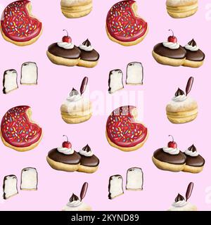 Donuts and chocolate coated marshmallow seamless pattern on pink background. Watercolor print with Hanukkah sweets for fabric, wrapping paper, backgro Stock Photo