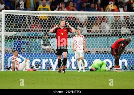 DOHA, QATAR - DECEMBER 1: Player of Belgium Kevin De Bruyne reacts during the FIFA World Cup Qatar 2022 group F match between Croatia and Belgium at Ahmad Bin Ali Stadium on December 1, 2022 in Doha, Qatar. (Photo by Florencia Tan Jun/PxImages) Stock Photo
