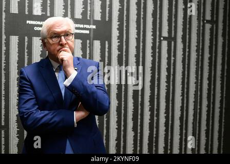 Tirana, Albania. 01st Dec, 2022. German President Frank-Walter Steinmeier visits the museum 'House of Leaves'. In this room of the museum, thousands of names of victims of the Hoxha regime are written on the walls. On his four-day trip to the Balkans, President Steinmeier is visiting the countries of northern Macedonia and Albania. In addition to the situation in the region and the effects of Russia's war of aggression in Ukraine, the trip will focus on Germany's support for the countries' prospects of joining the European Union. Credit: Bernd von Jutrczenka/dpa/Alamy Live News Stock Photo