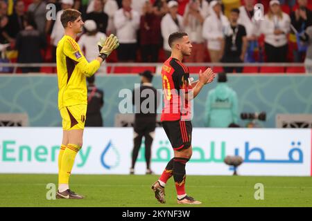 Doha, Qatar, 01/12/2022, Belgium's goalkeeper Thibaut Courtois and Belgium's Eden Hazard applaud supporters after a draw result 0-0 meaning the elimination in the group phase at a soccer game between Belgium's national team the Red Devils and Croatia, the third and last game in Group F of the FIFA 2022 World Cup in Al Rayyan, State of Qatar on Thursday 01 December 2022. BELGA PHOTO VIRGINIE LEFOUR Stock Photo