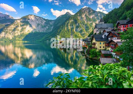 Scenic picture-postcard view of famous Hallstatt mountain village in the Austrian Alps, Salzkammergut region, Hallstatt, Austria. Hallstatt village on Stock Photo