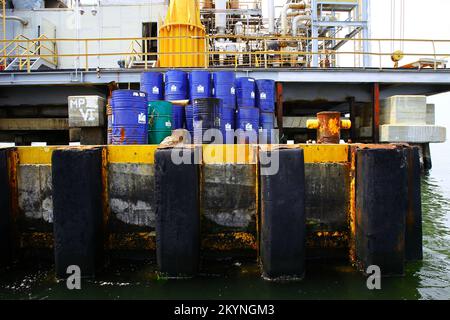 LAGO DE MARACAIBO-VENEZUELA- 20-03-2015- Barrel s of oil are seen on a crude pumping station in a Lake Maracaibo.  © JOSE ISAAC BULA URRUTIA. Stock Photo