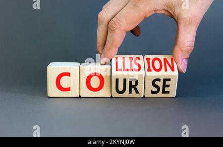 Collision course symbol. Concept word Collision course on wooden cubes. Beautiful grey table grey background. Businessman hand. Business collision cou Stock Photo