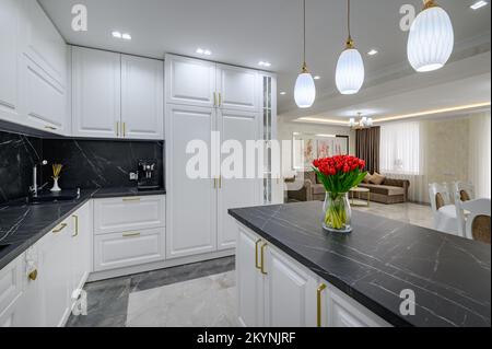 Large black and white expensive well-designed modern kitchen in studio interior, black marble countertop Stock Photo