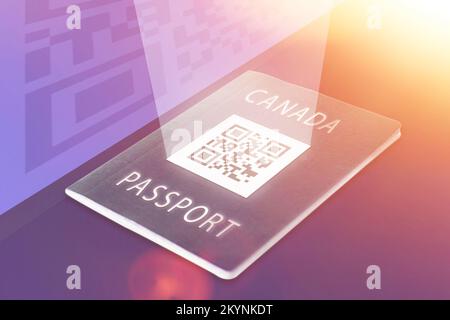QR on cover of Canada passport. Introduction of electronic passports in country. Barcode on documents. Reading passport QR code.. Stock Photo