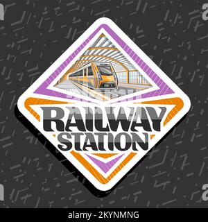 Vector logo for Railway Station, white rhombus decorative sign board with illustration of orange train rushing by railroad, industrial label with uniq Stock Vector