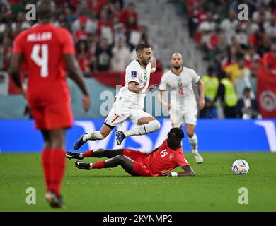 Doha, Qatar. 1st Dec, 2022. Ismael Kone (bottom) of Canada and Hakim Ziyech of Morocco in action during their Group F match at the 2022 FIFA World Cup at Al Thumama Stadium in Doha, Qatar, Dec. 1, 2022. Credit: Xin Yuewei/Xinhua/Alamy Live News Stock Photo