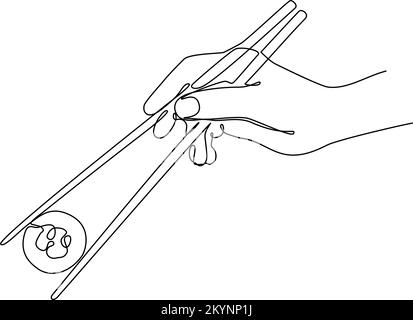 Hand with chopsticks holding sushi roll. Continuous line vector illustration Stock Vector
