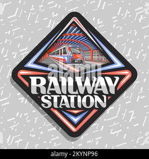 Vector logo for Railway Station, rhombus decorative sign board with illustration of red an blue train rushing by railroad, industrial label with uniqu Stock Vector