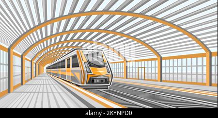 Vector illustration of Railway Station, orange train rushing by railway in urban station with empty grey platforms Stock Vector