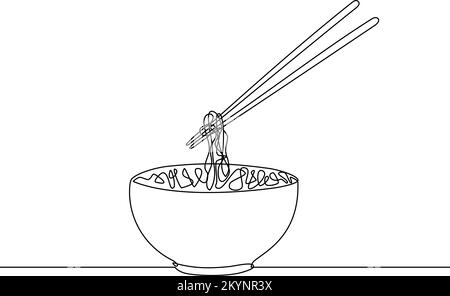 Asian noodle soup in a bowl with chopsticks continuous line vector illustration Stock Vector