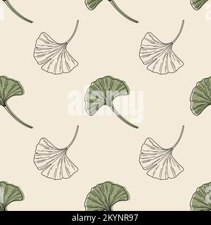 Ginkgo biloba leaves seamless beige vector pattern Stock Vector
