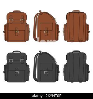Set of color illustrations with a leather backpack. Isolated vector objects on white. Stock Vector
