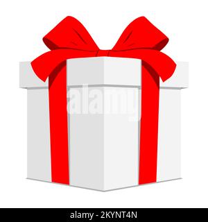 White present box with red ribbon, isolated on background. Flat style giftbox vector illustration. Stock Vector