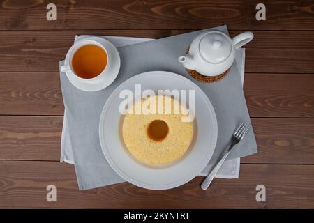 plain chiffon cake hot tea set isolated on white background Stock Photo