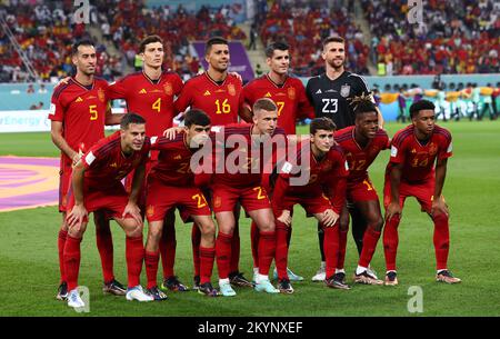 Doha, Qatar, 1st December 2022.  Spain team group back from left: Sergio Busquets, Pau Torres, Rodri, Alvaro Morata, Unai Simon. Front from left: Cesar Azpilicueta, Pedri, Dani Olmo, Gavi, Nico Williams and Jose Gaya of Spain during the FIFA World Cup 2022 match at Khalifa International Stadium, Doha. Picture credit should read: David Klein / Sportimage Stock Photo