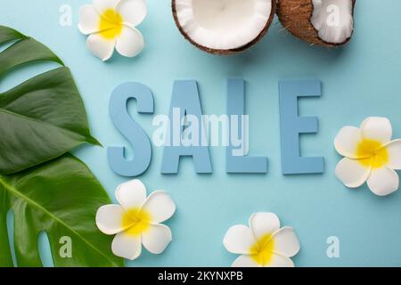 Ripe coconuts and flowers on color background. High quality photo Stock Photo