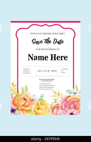 wedding invitation template design and pink flowers with a sky background Stock Vector