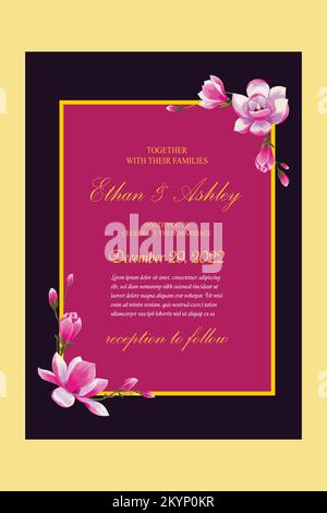 Modern invitation card design on pink, Semi-double camellia flowers with leaves of yellow background Stock Vector