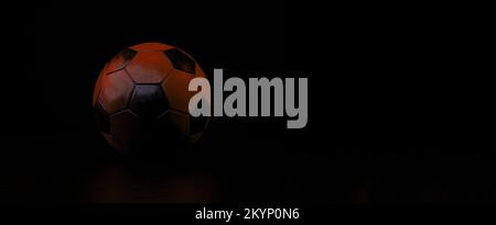 Soccer ball over dark background, 3d render, panoramic image Stock Photo