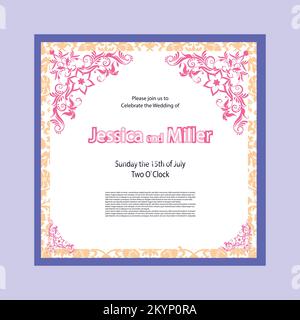Beautiful wedding invitation card design with hand Drawn floral in shades of magenta background Stock Vector