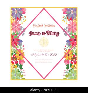 wedding invitation card template with yellow, pink, eucalyptus, and green plants on white background Stock Vector