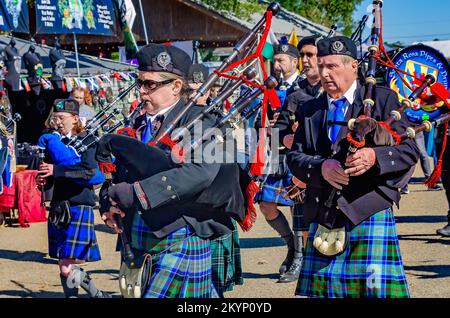 Scottish pipers play the bagpipes as they march in the parade of tartans during the Celtic Music Festival in Gulfport, Mississippi. Stock Photo