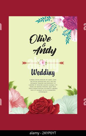 Wedding day card vector design with rose flowers on pink background Stock Vector