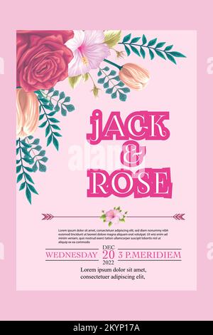 Decoration wedding invitation card design with rose flowers on dark red background Stock Vector