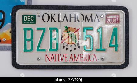 Unregister car licence plate from Native State Oklahoma in United states of America. Isolated on white background. Stock Photo