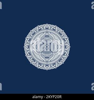 White complex logotype mandala pattern on a Blue background Stock Vector