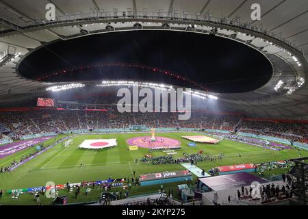 Doha, Qatar. 02nd Dec, 2022. View of Khalifa Stadium during the National anthems FIFA World Cup Qatar 2022 match between Japan and Spain at Khalifa International Stadium, Doha, Qatar on 1 December 2022. Photo by Peter Dovgan. Editorial use only, license required for commercial use. No use in betting, games or a single club/league/player publications. Credit: UK Sports Pics Ltd/Alamy Live News Stock Photo