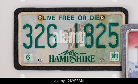 Unregister car licence plate from Live Free State New Hampshire in United States of America. Isolated on white background. Stock Photo
