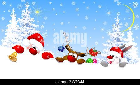 Santa Claus, deer and rabbit with Christmas decorations in a winter forest. On the eve of Christmas. Stock Vector